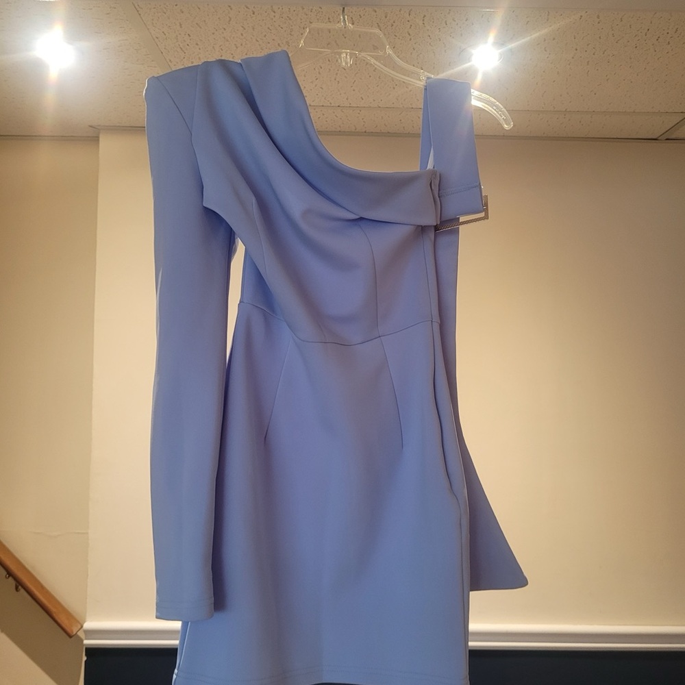 Elegant Baby Blue Women's Off-the-Shoulder interview style dress